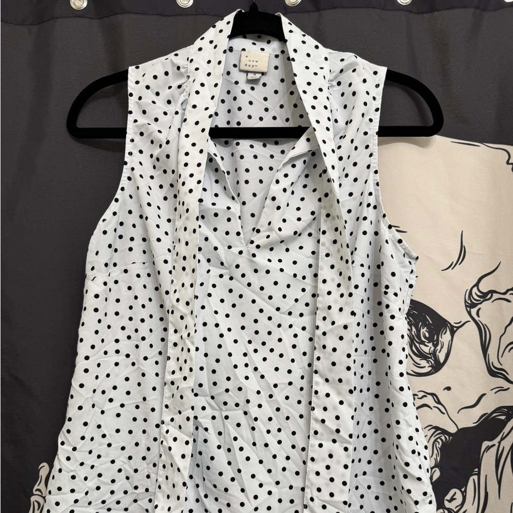 Polka Dot Sleeveless Tie-Neck Top - White/Black